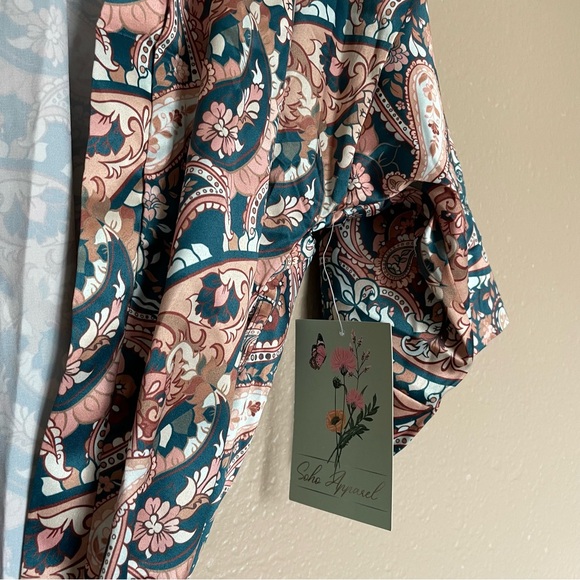 NWT — TAGS ON — SoHo Apparel - Paisley Floral Print Silk Robe Pink Tan Turquoise - Picture 10 of 15